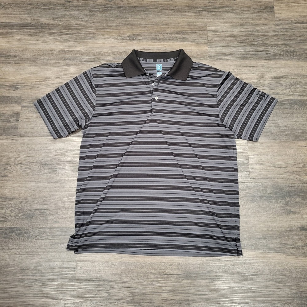PGA Tour Airflux Golf Polo Shirt Striped Moisture Wicking Gray Black Large